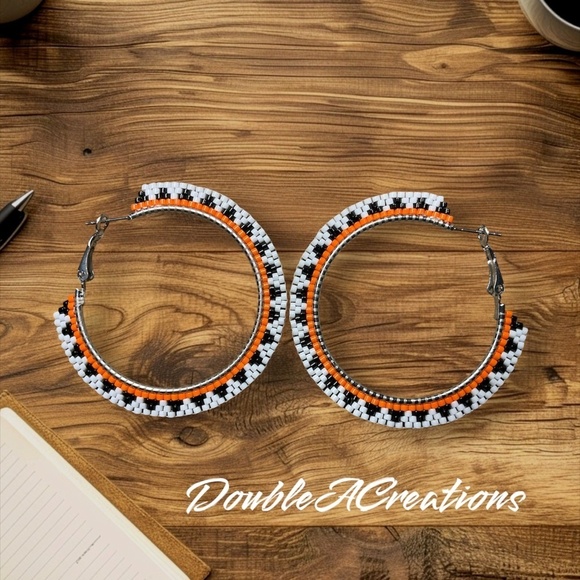 Orange Navajo Basket Style 1 3/4” Beaded Hoops, New, Handmade by Me - Picture 3 of 7
